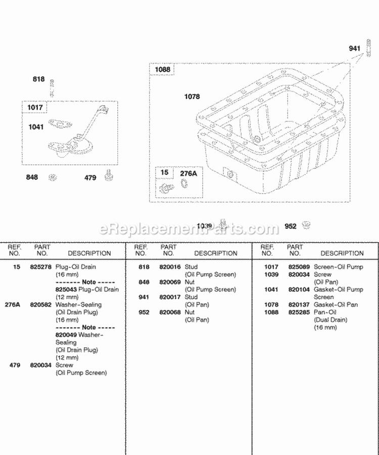 Oil Pan Oil Pump Screen Diagram and Parts List for 432447-0105-E2  Briggs and Stratton Engine